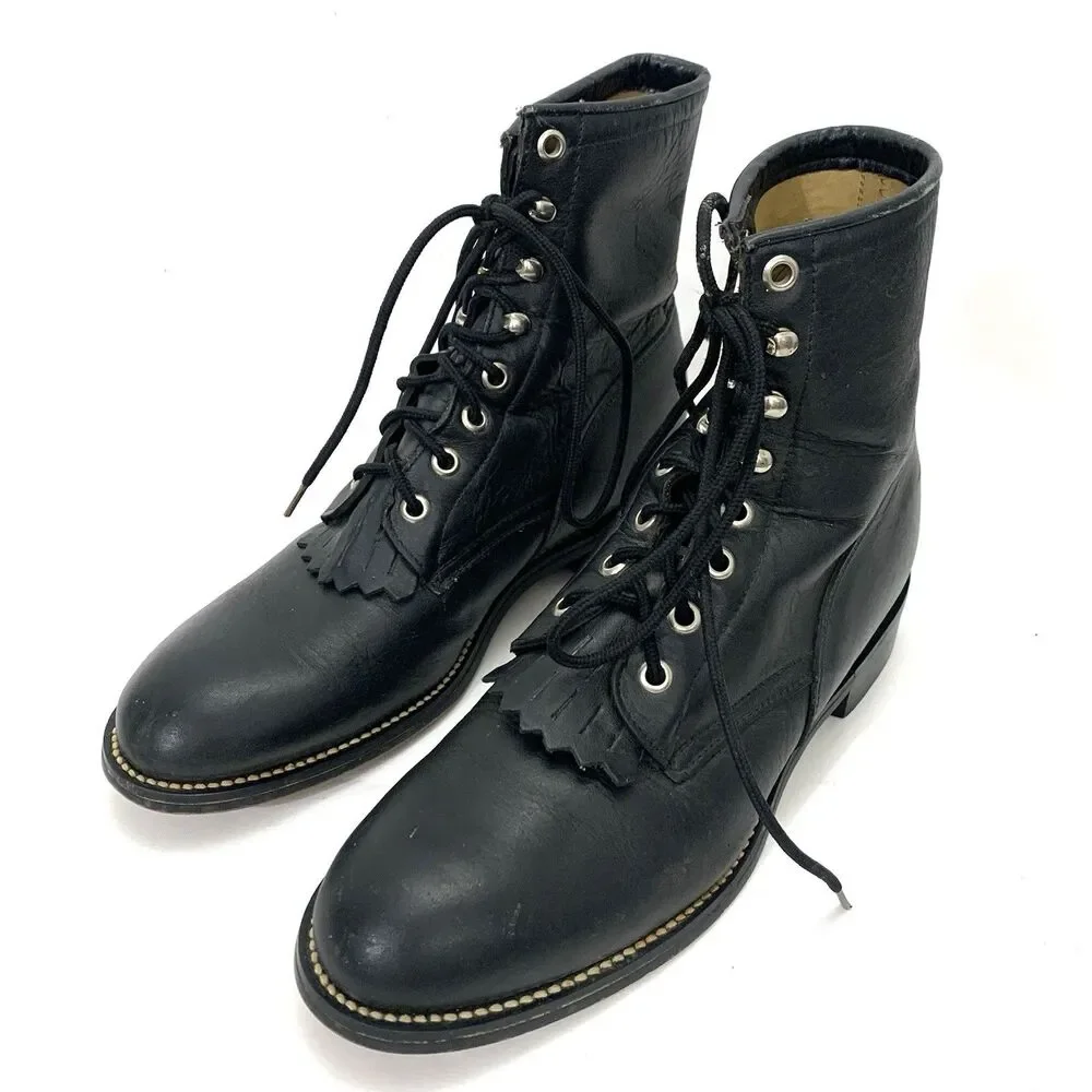 Justin 506 Black Leather Kiltie Lace Up Roper Boots Men’s 5.5D (Women’s 7.5)